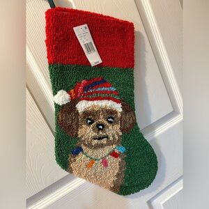 Dillards Green Hook Rug Dog Christmas Stocking Lights Around His Neck NWT